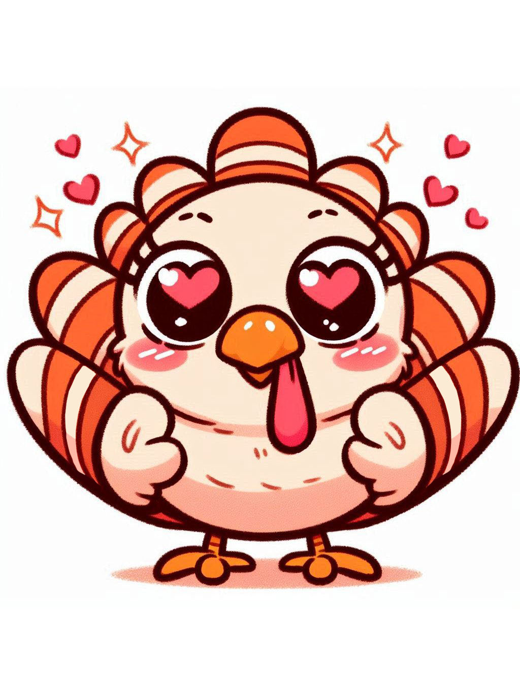 Thanksgiving love drawing ideas featuring a cute cartoon turkey with heart eyes surrounded by little hearts and sparkles.